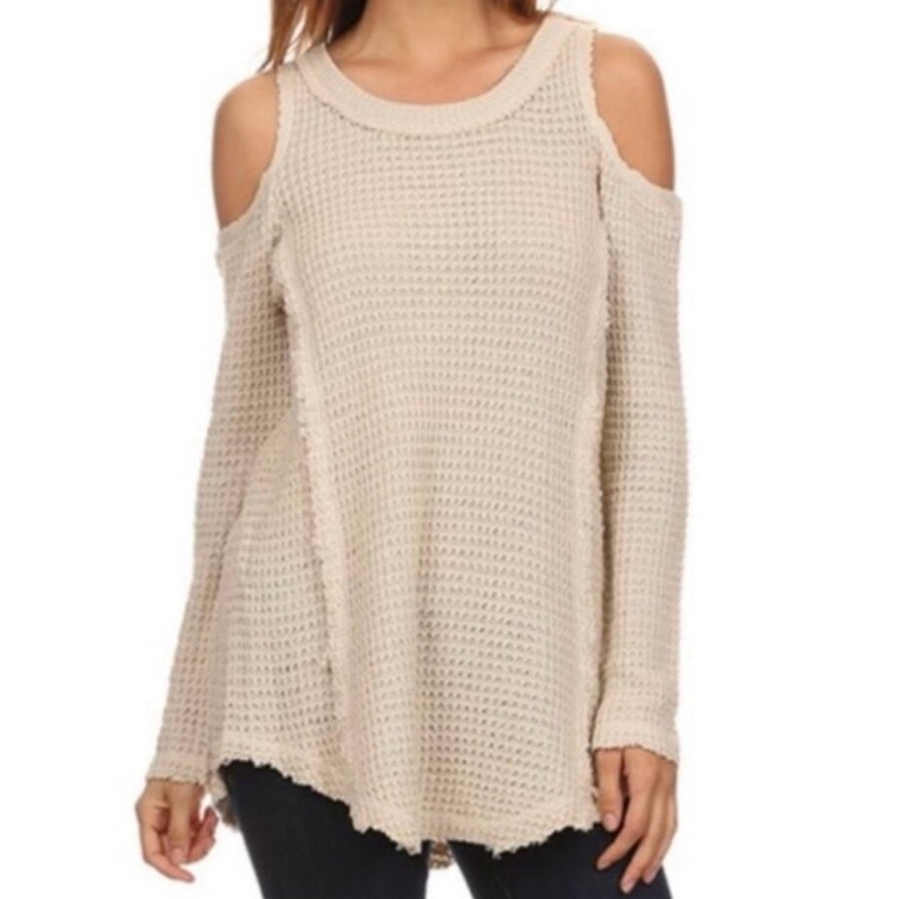 Free People Cream Ivory Off-Shoulder Raw Hem Cotton Women's Waffle Knit Sweater - Picture 1 of 12